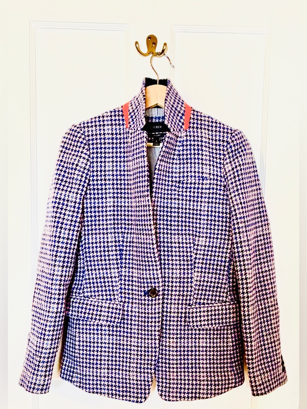 J.Crew Regent Houndstooth Wool Blazer — Navy/Grey with Red Trim